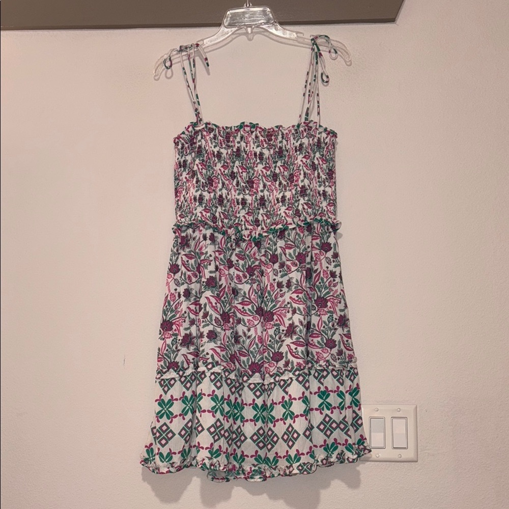 Celina Moon Tie Shoulder Smocked Mini Dress SZ M EUC
